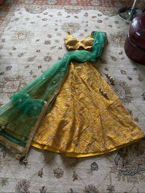 Yellow Embroidered Lehenga Set with Green Dupatta